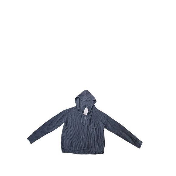 Knit Hoodie Zipper Open Front Cardigan Ripped Long Sleeve Distressed Sweater Hoo - Picture 5 of 10